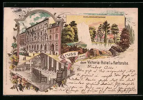 Lithographie Karlsruhe, Victoria-Hotel, Inneres Speise-Saal, Schlossgartensee