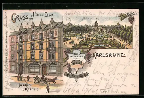 Lithographie Karlsruhe, Hotel Eber von F. Kasper, Schloss