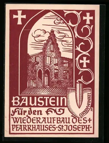 Künstler-AK Karlsruhe-Grünwinkel, Pfarrhaus St. Joseph