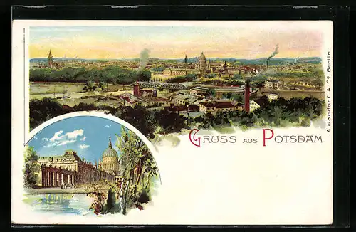 Lithographie Potsdam, Generalansicht der Stadt, das Stadtschloss