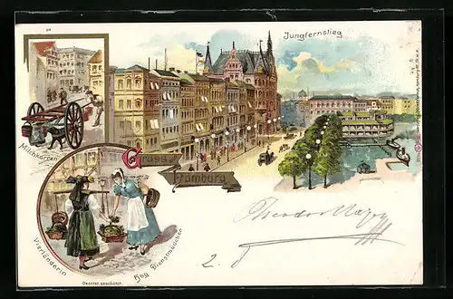 Lithographie Hamburg-Neustadt, der Jungfernstieg, Vierländerin Dienstmädchen in Tracht, Milchkarren