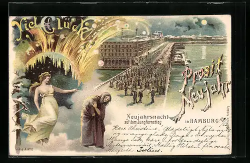 Lithographie Hamburg-Neustadt, Neujahrsnacht auf dem Jungfernstieg