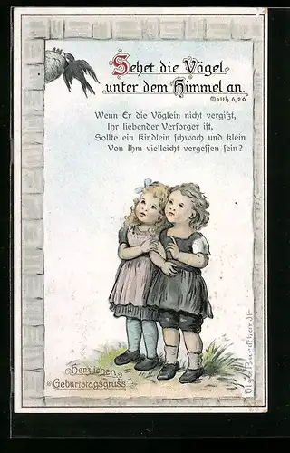 AK Sehet die Vögel unter dem Himmel an, Matth. 6, 26., Kinder beobachten einen Vogel am Nest