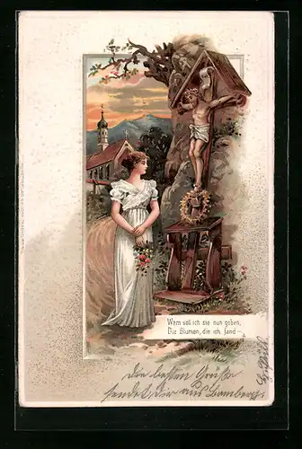 AK Frau mit Blumen vor Flurkreuz, Im Hintergrund Kirche