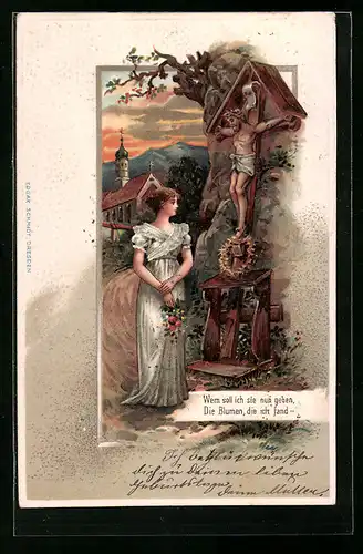 AK Frau mit Blumen vor Flurkreuz, Im Hintergrund Kirche