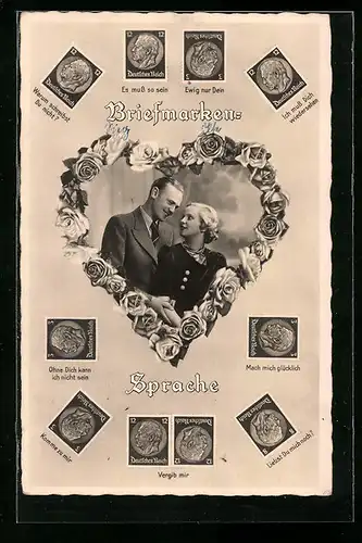 AK Briefmarkensprache, Liebespaar im Blumenherz, Ausrichtung der Briefmarken erklärt das Wort