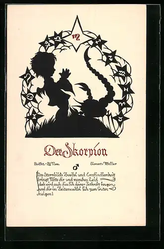 AK Sternzeichen Skorpion, 24.Okt. bis 22. Nov., Eigenschaften des Skorpionmenschen, Schattenbild