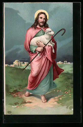 AK Jesus mit Heiligenschein und Lamm auf dem Arm