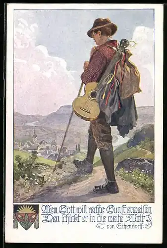 AK Deutscher Schulverein Nr. 878: Wanderer mit Gitarre und Rucksack auf einem Berggipfel