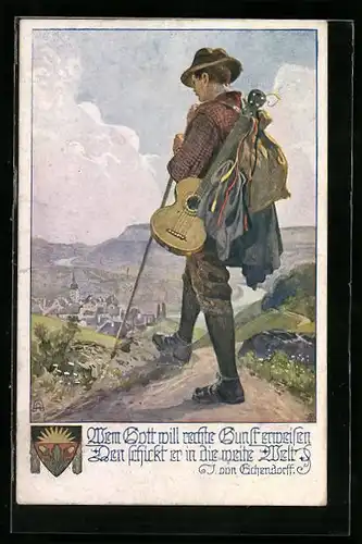 AK Deutscher Schulverein Nr. 878: Wanderer mit Gitarre und Rucksack auf einem Berggipfel
