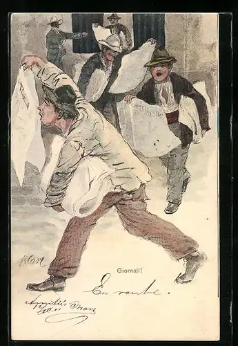 Künstler-AK Giornali!, Zeitungsverkäufer rennen wild auf der Strasse rum
