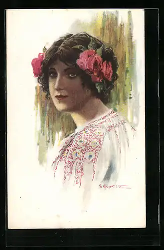 Künstler-AK Schöne Italienerin mit Blumen im Haar, Art Deco