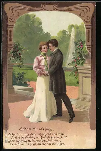 Präge-AK Schau' mir in's Auge, Liebespaar im Garten