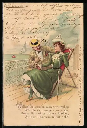 Lithographie Liebespaar auf einem Schiffsdeck