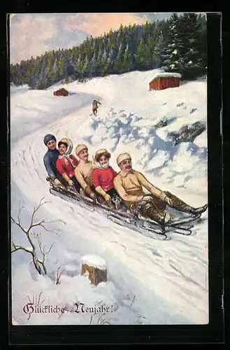 AK Männer und Frauen rodeln auf einem Schlitten in das neue Jahr