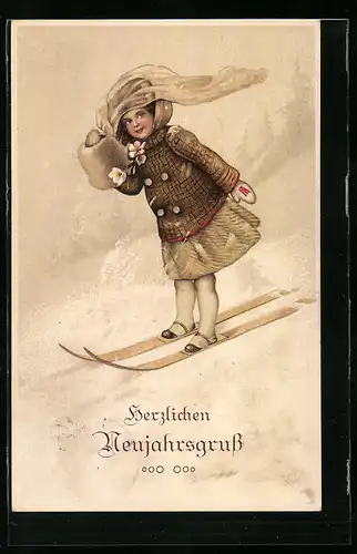 AK Mädchen mit Muff auf Skiern, Neujahrsgruss
