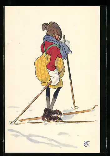 Künstler-AK Skiläufer mit Pelzmütze und kurzer Hose