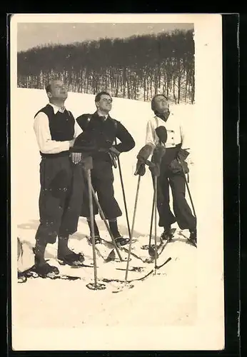 Foto-AK Drei Skiläufer geniessen die Wintersonne