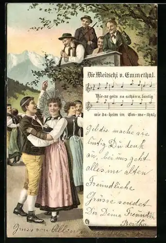 AK Die Meitschi v. Emmethal, Text- und Notenzeilen, Paare tanzen zur Musik