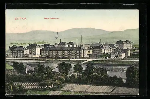 AK Zittau i. Sa., Blick über die Felder auf die Neuen Kasernen