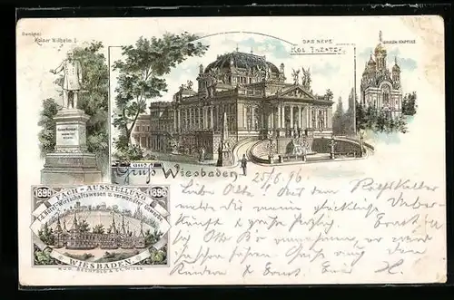 Lithographie Wiesbaden, vor dem kgl. Theater, die Griechische Kapelle, Denkmal Kaiser Wilhelm I., Fach-Ausstellung