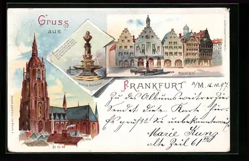 Lithographie Alt-Frankfurt, der Dom, Stollze Denkmal, Römer