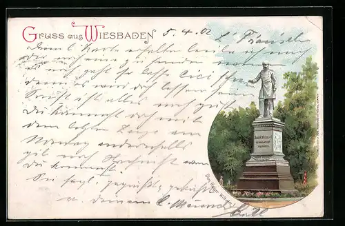 Lithographie Wiesbaden, das Denkmal Kaiser Wilhelm I.