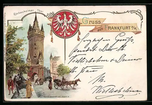 Lithographie Frankfurt am Main, Wappen und Eschenheimer Thor