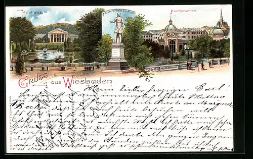 Lithographie Wiesbaden, Blick auf das Kurhaus, Kaiser Wilhelm Denkmal und Kochbrunnen
