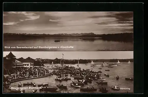 AK Starnberg, Boote am Seerestaurant Starnberg, Blick auf die Alpen hinter dem Starnberger See