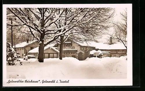 AK Grünwald i. Isartal, Gasthaus Grünwalder Weinbauer mit Bayernwinkel im Schnee