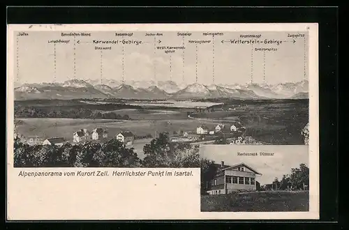 AK Zell im Isartal, Talpanorama mit dem Karwendel-Gebirge, das Restaurant Dittmar