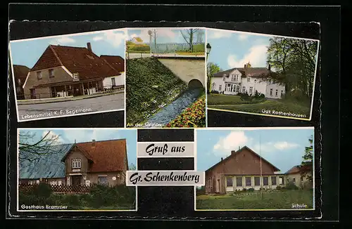 AK Gr. Schenkenberg, Lebensmittel K. F. Begemann, Gasthaus Brammer, die Schule, Gut Rothenhausen