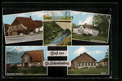 AK Gr. Schenkenberg, die Schule, Gut Rothenhausen, Lebensmittel Begemann, Gasthaus Brammer