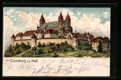 Lithographie Comburg bei Hall, Blick auf die Festung mit Kirche