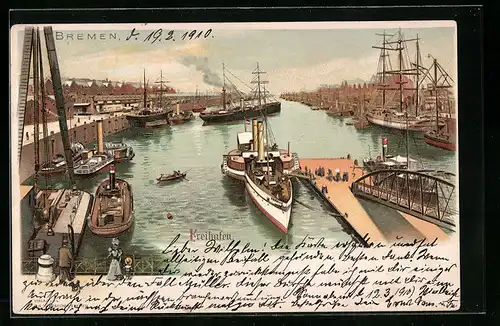 Lithographie Bremen, Schiffe an den Anlegestellen im Freihafen