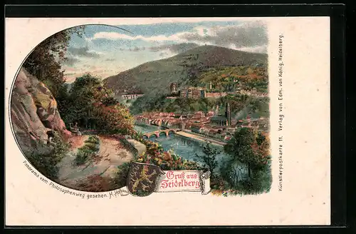 Lithographie Heidelberg, Panorama der Stadt mit dem Schloss vom Philosophenweg, Stadtwappen