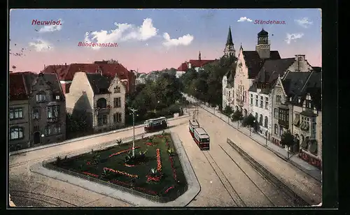 AK Neuwied, Strassenbahn vor der Blindenanstalt und Blick zum Ständehaus