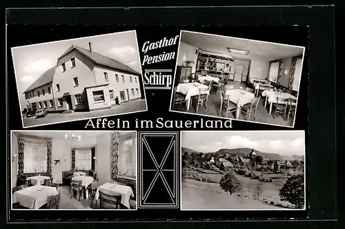 AK Affeln im Sauerland, Ortstotale mit der Kirche, Gasthof und Pension Schirp, in den Gasträumen