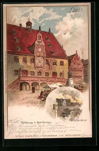 Lithographie Heilbronn, vor dem Rathaus, das Käthchenhaus
