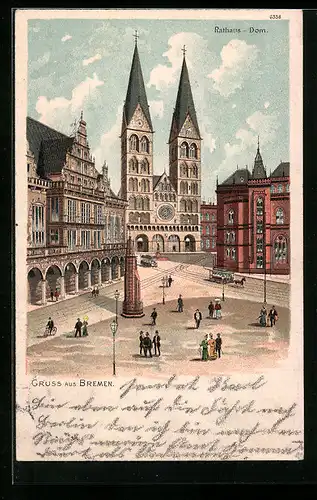 Lithographie Bremen, Blick auf das Rathaus und den Dom