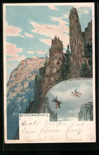 Lithographie Thale, Hexentanzplatz, der Sprung übers Bodethal
