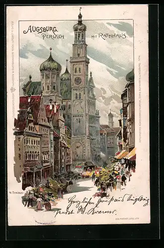 Lithographie Augsburg, Perlach, Wochenmarkt am Rathaus