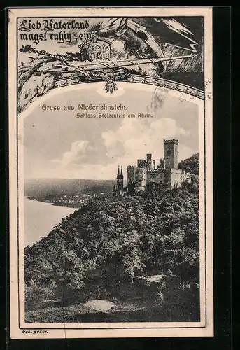 AK Niederlahnstein am Rhein, Blick auf das Schloss Stolzenfels über dem Rheintal