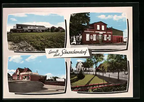 AK Schwackendorf, Parkanlagen in der Stadt, Blick zum Gasthaus und Hotel