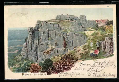 Lithographie Regenstein i. H., Besucher an der Ruine