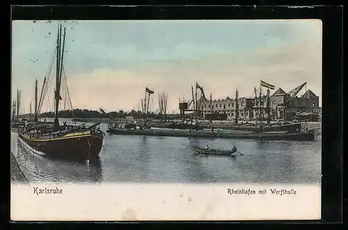AK Karlsruhe, Schiffe im Rheinhafen vor der Werfthalle