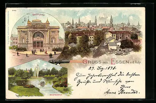 Lithographie Essen a. d. Ruhr, Generalansicht der Stadt, vor dem Stadttheater, Wasserspiel im Stadtgarten