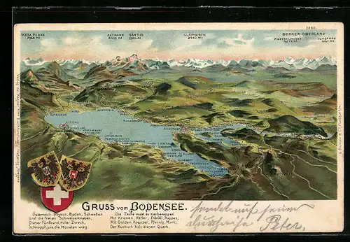 Lithographie Konstanz am Bodensee, Landkarte des Sees gegen Altmann, Glärnisch und das Berner Oberland, Wappen