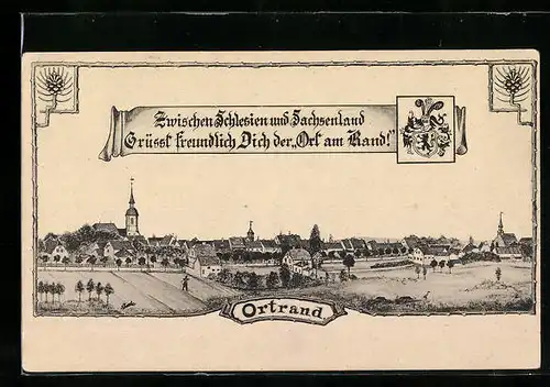 Künstler-AK Ortrand, Panorama der Stadt mit Blick zur Kirche, das Stadtwappen